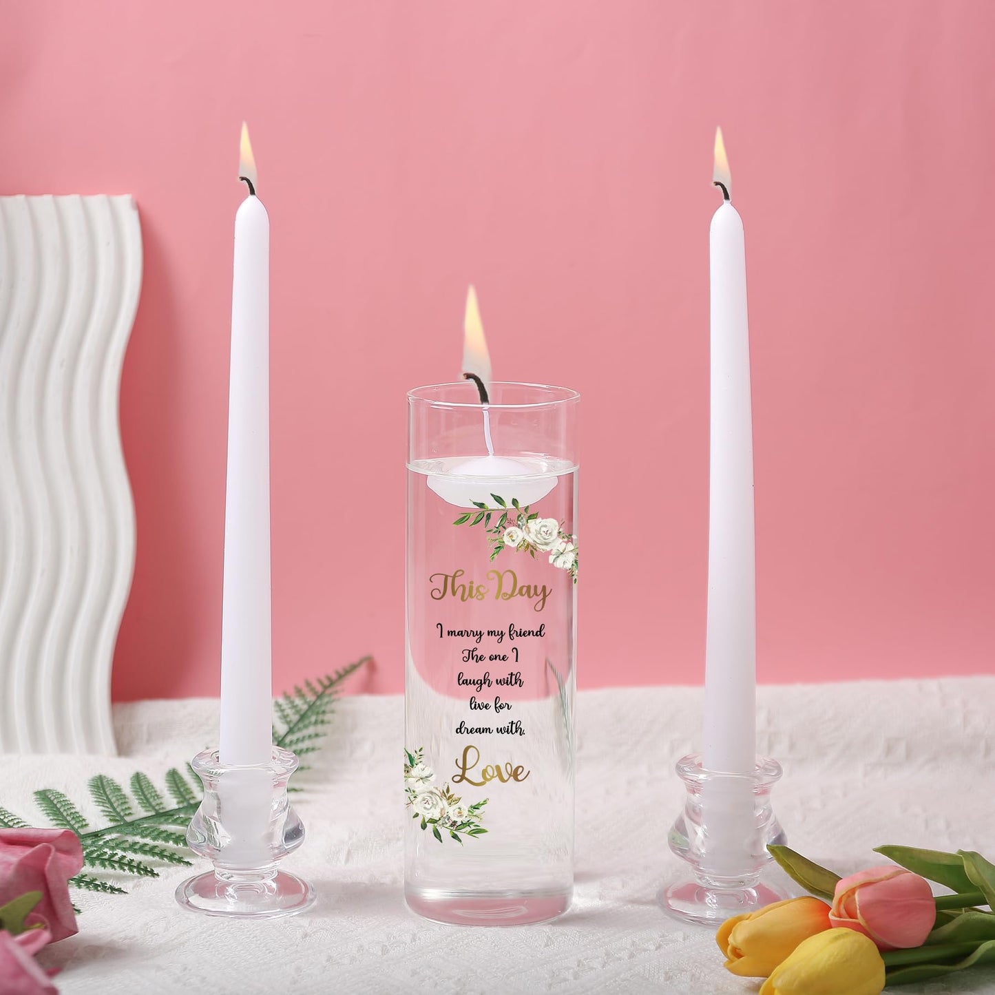 Unity Candles with Glass Holder for Wedding Ceremony - Unity Candles for Wedding, Religious Ceremony Ideas Marriage Decoration Accessories Set for Newly Couple Anniversary Church (Flower)