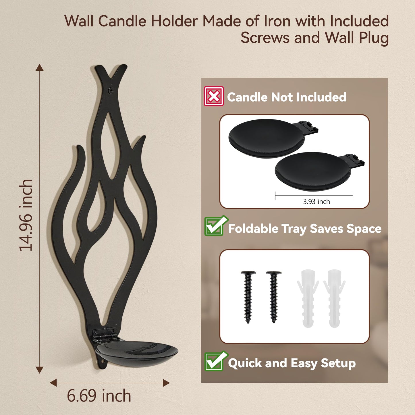 ZYIDBNG Wall Candle Sconces Set of 2, Modern Minimalist Metal Candle Holders for Pillar, Tealight, and LED Candles, Flame-Shaped Decorative Wall Decor for Living Room Dining Room (Black)