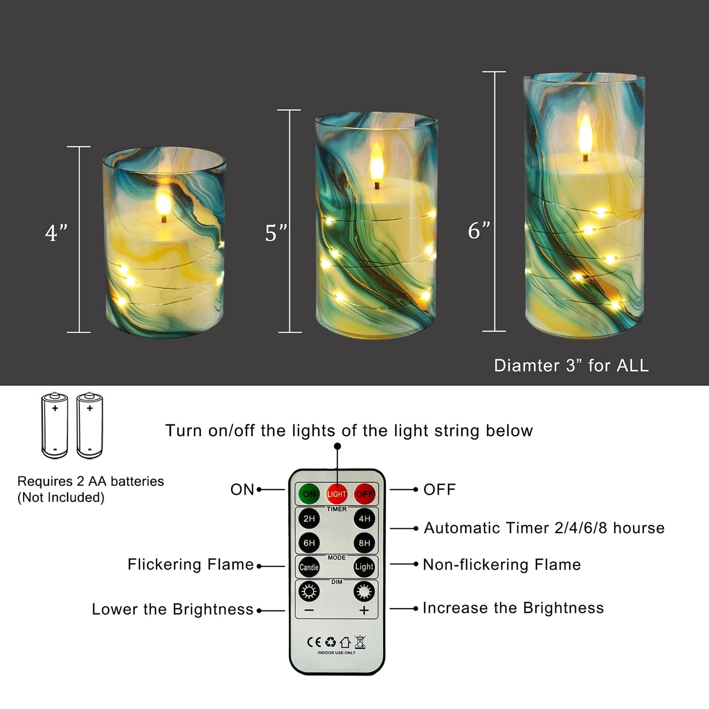 Flickering Flameless Candles Blue Water Ripple Print, Embedded Star String Lights, Battery Operated Acrylic LED Pillar Candles with 11-Key Remote and Timer for Home Decoration, 3 Pack