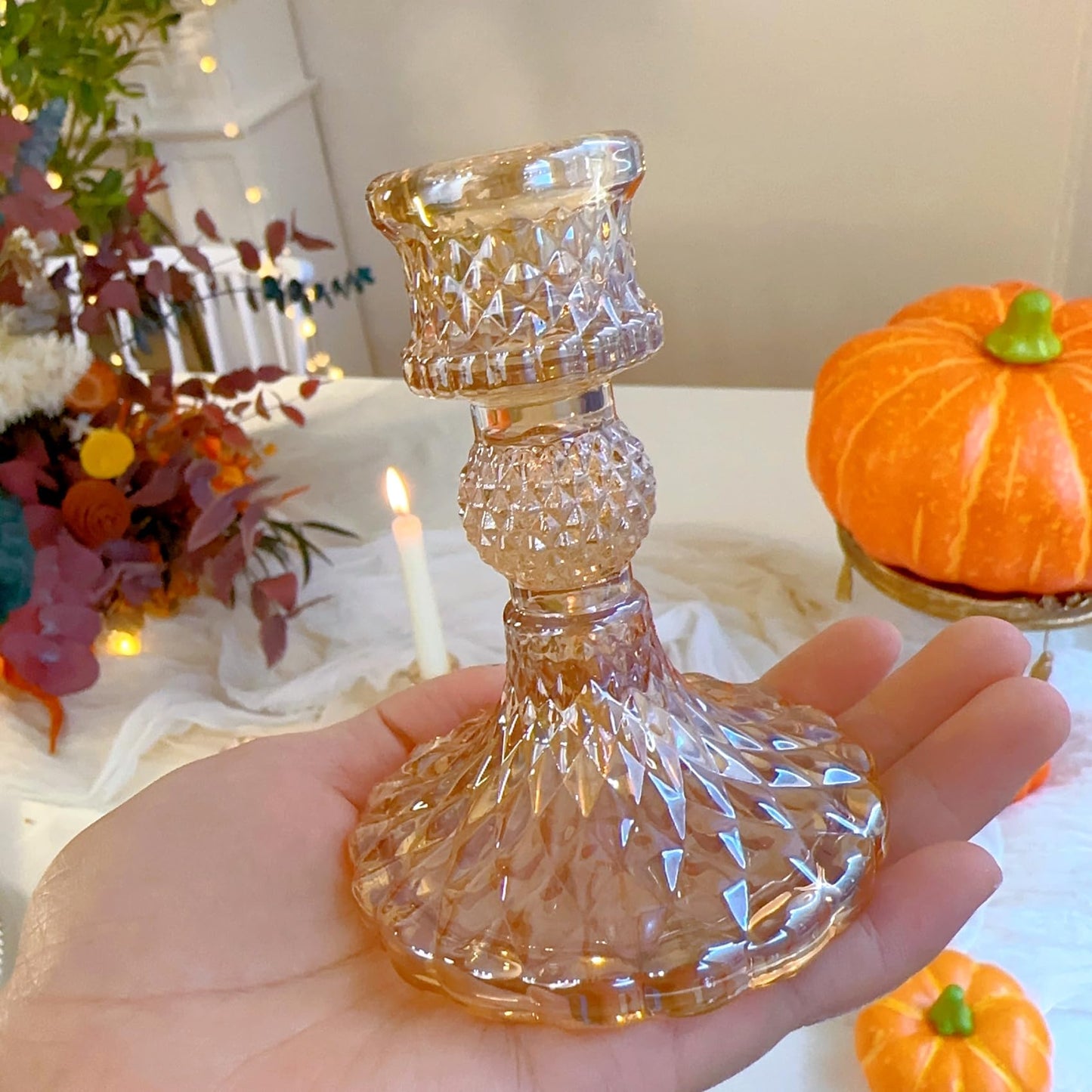 ECHFSM Glass Candlestick Holder,Striped Taper Candle Holders,Set of 6 Candle Stand for Table Centerpieces, Home Decor,Weddings,Festival and Parties (Amber Dimond Pattern)