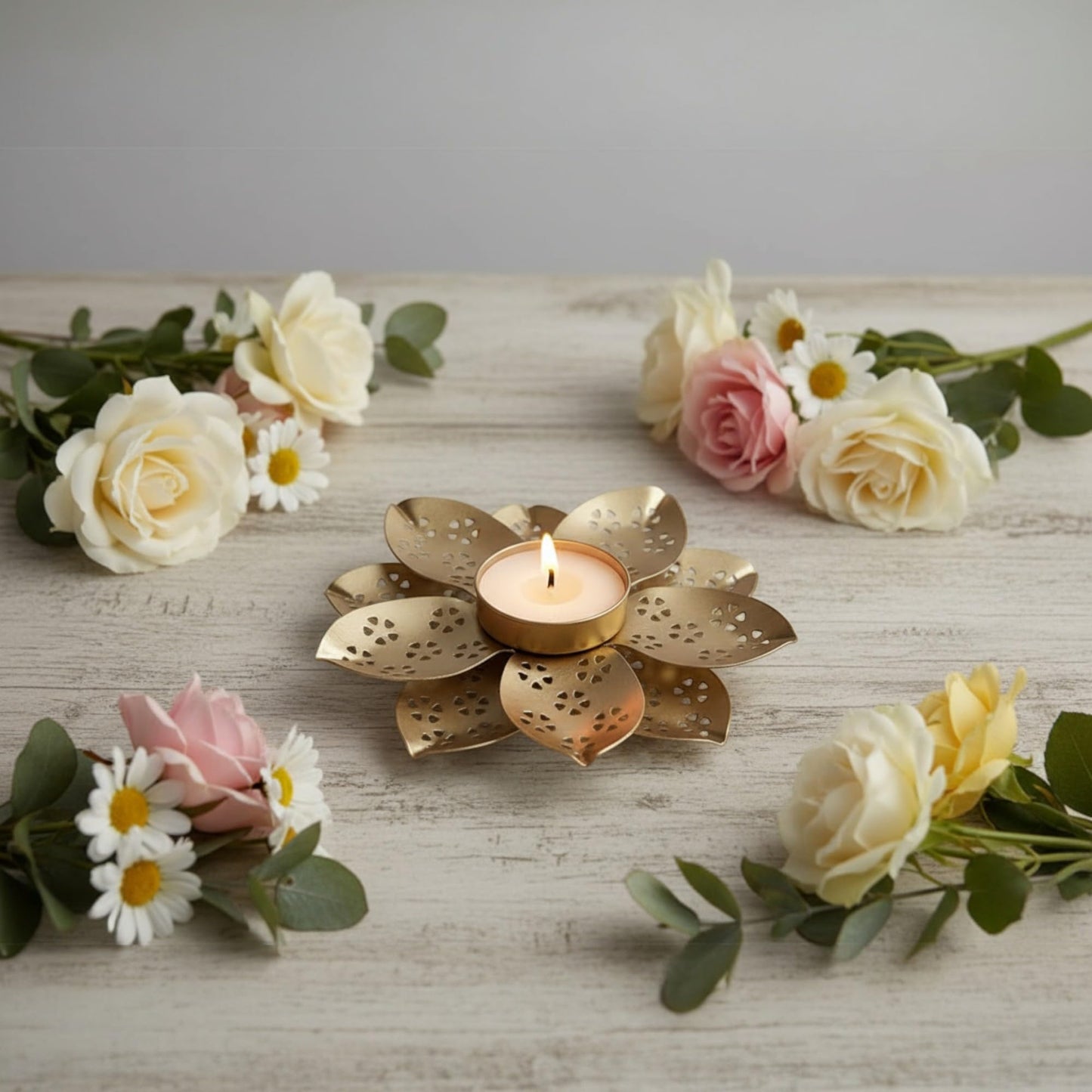 Decorative Metal Tea Light Candle Holder, Gold, Flower Design with Heart Pattern Cutouts, 3 Inch