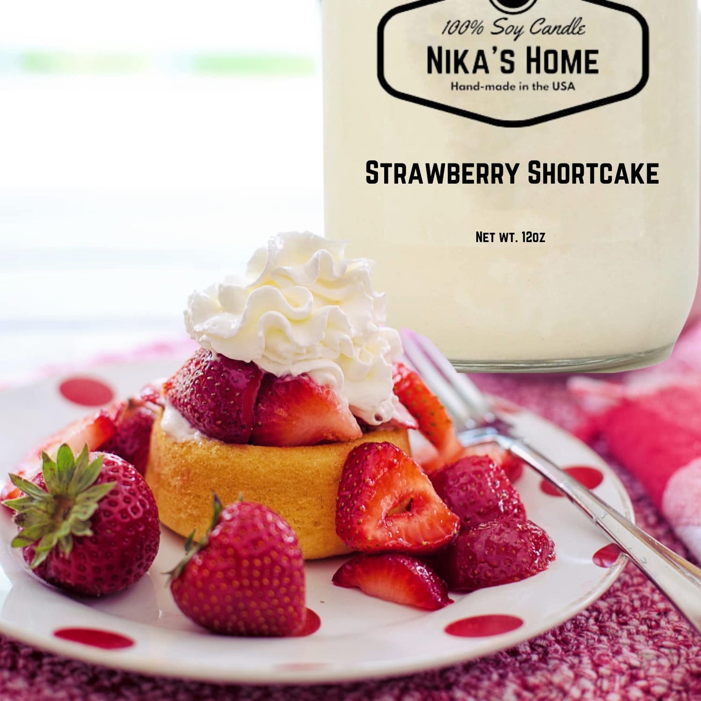Nika's Home Strawberry Shortcake Soy Candle - 12oz Mason Jar - Non-Toxic - Hand Poured in The USA, Long Burning 50-60 Hours Highly Scented All Natural, Clean Burning