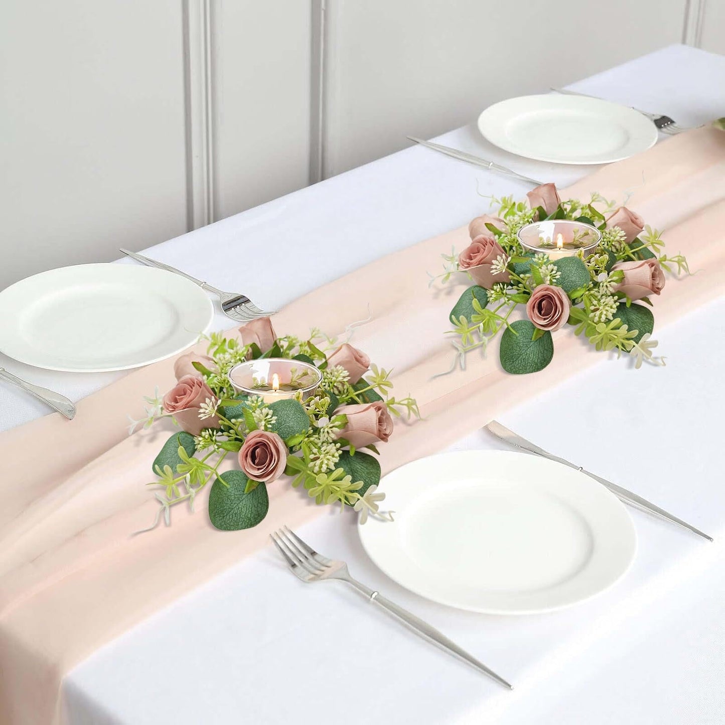 OrgMemory 6 Pcs Candle Rings, Artificial Eucalyptus Leaves Wreath, Pillar Candle Holder for Wedding Home Door Tabletop Decoration, Small Candle Rings Wreaths(Dusty Rose)