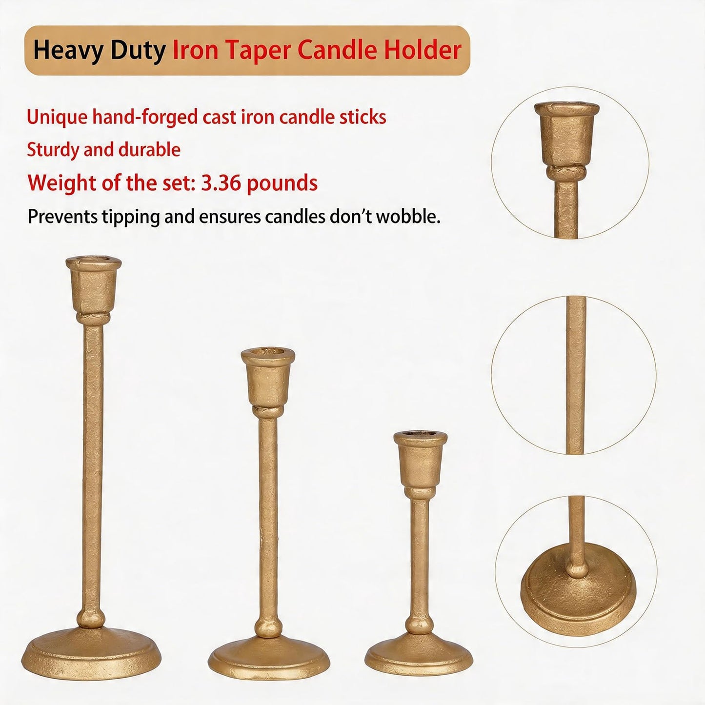 Wenbery Gold Taper Candle Holders Set of 3, Heavy Cast Iron Candlesticks with Antique Brass Finish, Sturdy Candle Sticks for Dining Table, Wedding, Fireplace, Home Decor