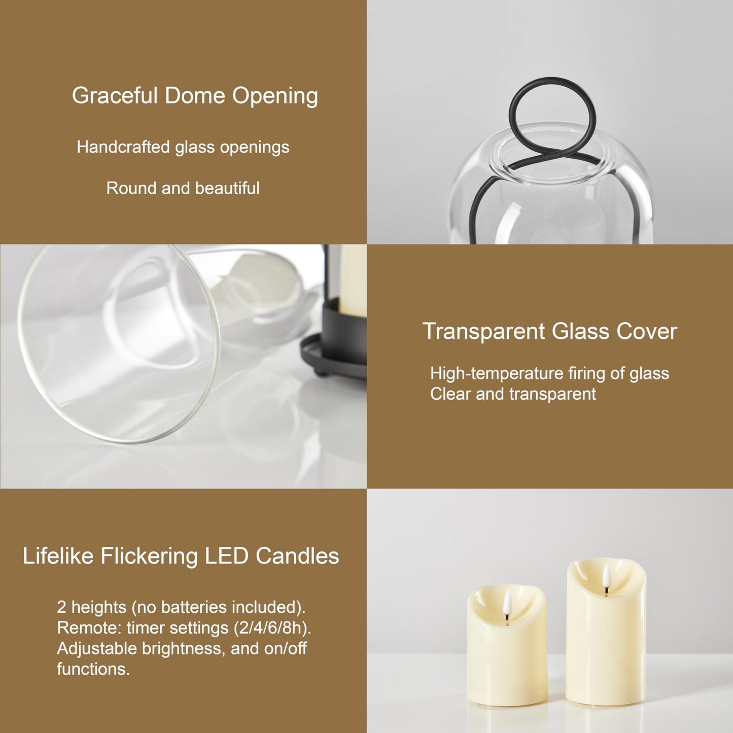 Ganwu 5"&4" Metal Candle Holder with Handmade Glass Dome in Brass & 2 Timer Candles, Set of 2 Versatile Hurricane Glass Candle Holders for Pillar Candles & Plants