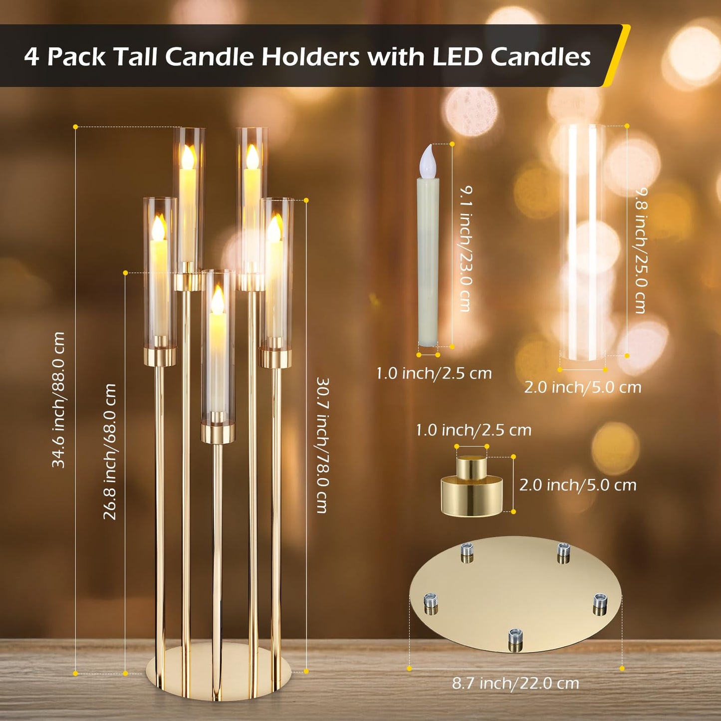 Dyna-Living Gold Candelabra 4 Set 34.6'' Tall Candelabras Centerpieces for Tables, 5 Arm Candle Holders Centerpiece with Acrylic Lampshade, Gold Candelabras Floor Stands for Wedding Party Home