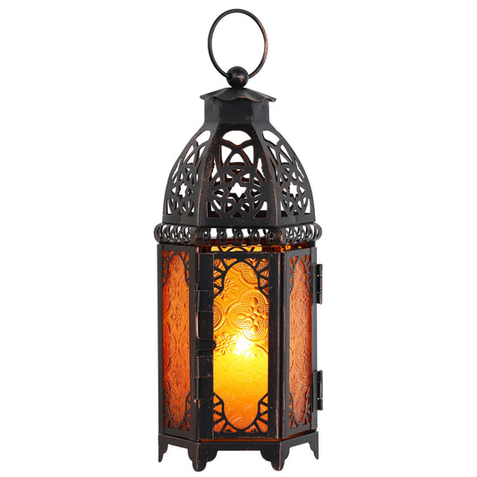 NEEDOMO 11'' Moroccan Lanterns Decorative Indoor & Outdoor, Vintage Christmas Candle Holder, Metal Lanterns Decorative, Table, Patio, Porch, Shelf, Christmas Spring Halloween Home Decor (Amber)