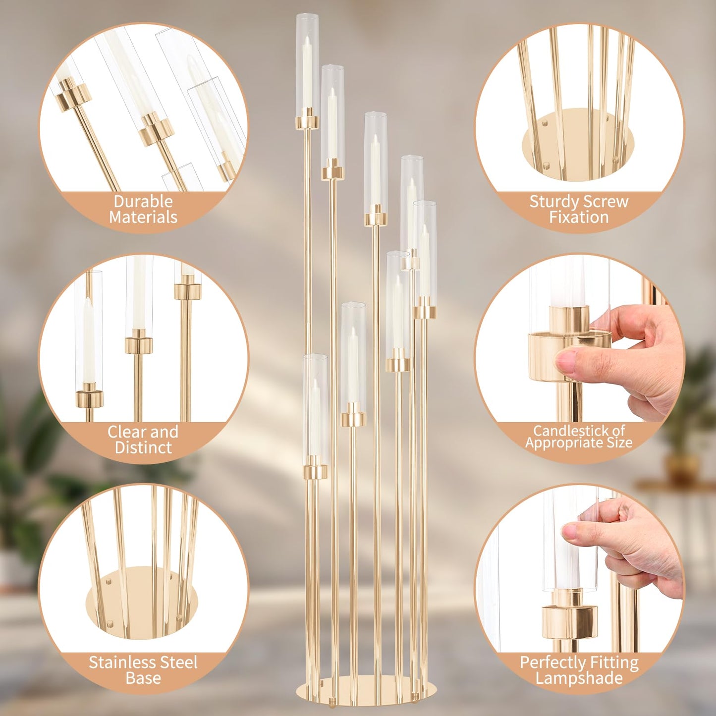 2 Sets Gold Candelabra,12 Arm Candlestick Holders with Acrylic Shades, 46'' High Large Floor Candle Holders for Wedding Centerpieces Table Decorations Fit 0.9" Candles and LED Taper Candles