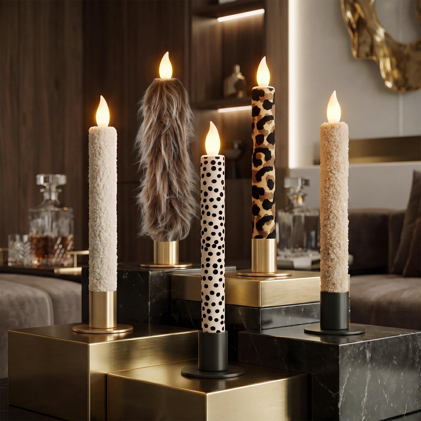 Fumete 5 Pcs Leopard Plush Candle 10.6 Inch Lambswool Flameless LED Taper Candlesticks Leopard Print Theme Decor Print Flameless Battery Operated for Dinner Table Home Bathroom Birthday Party Decor