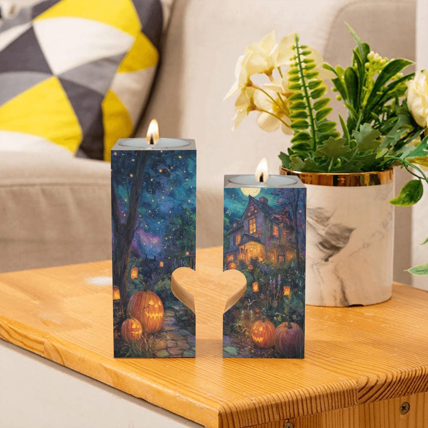 pnyoin Haunted Halloween Castle Night Candle Holders Gift for Women Wooden Heart Candlestick Personalized Christmas Birthday Graduation Friendship Gifts Home Wedding Dinning Party Decorative