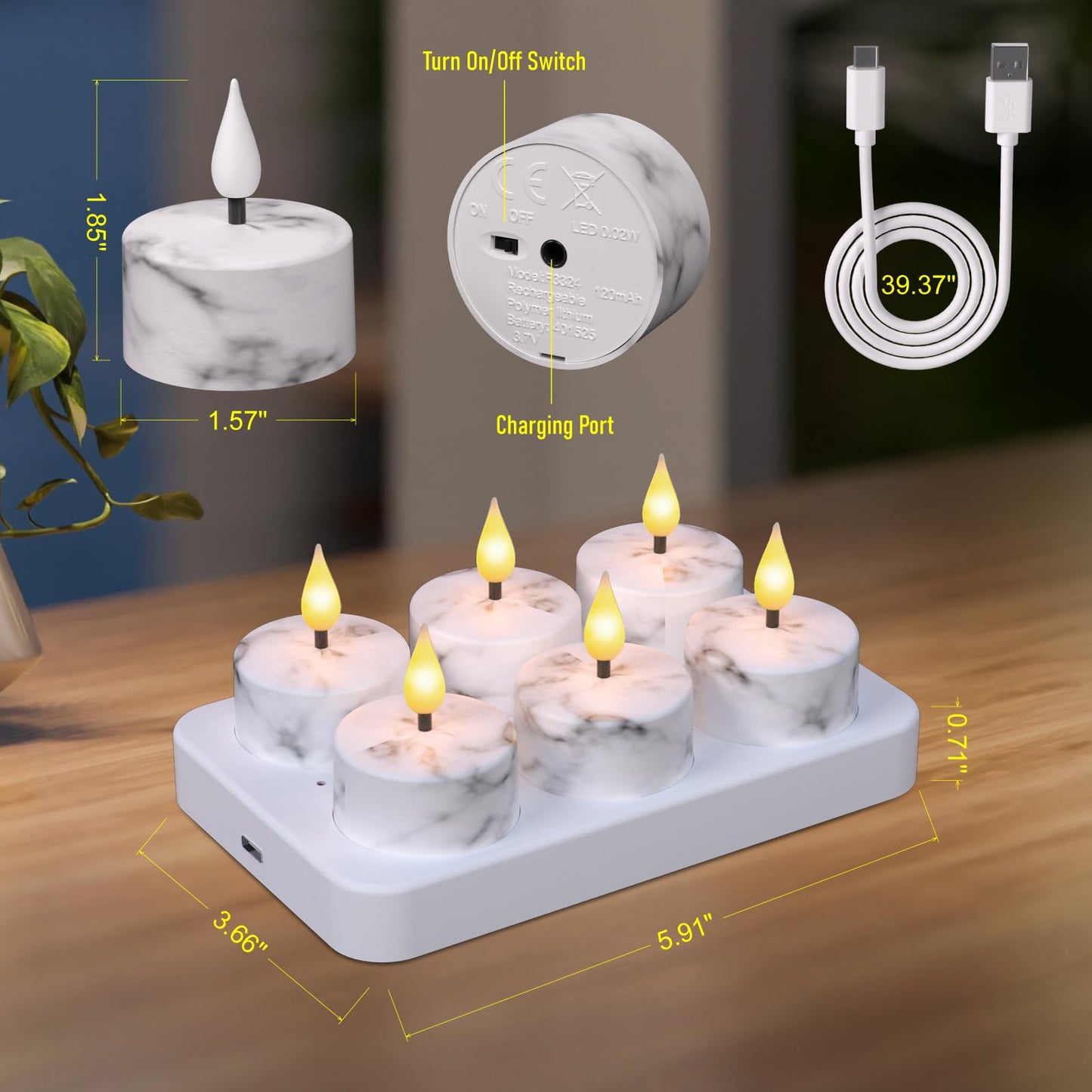 Flameless Tea Lights Candles with Charging Station,White Marble Pattern,LED Tea Lights Candles with Remote Control Timer for Valentine's Day,Centerpiece Table Decorations,Anniversary,Home Decor,6-Pack