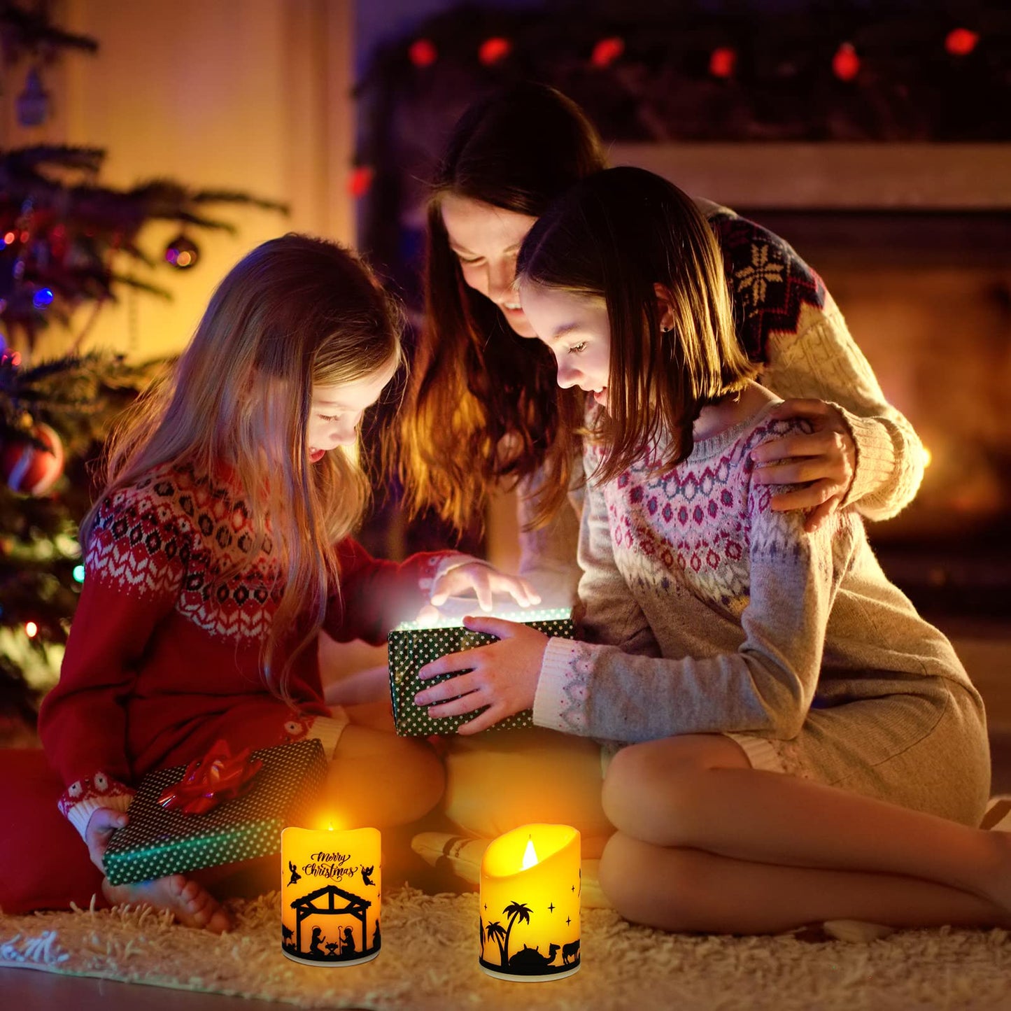 Treela 2 Pieces Christmas Flameless LED Candles with 8h Timer, Battery Operated Plastic Pillar Rustic Candles Warm Light with Decals for Adventure Table Home Decor, D3 x H6 (Nativity)