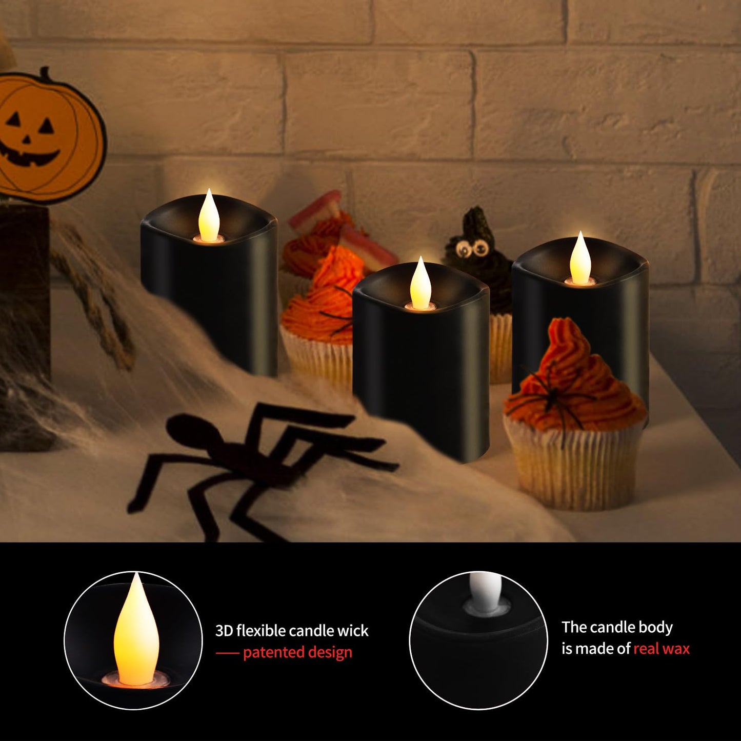 3x4 Flickering Flameless Candles Set of 3, 2AA Battery Life 600 Hours Battery Candles Flickering with Timer,4 inch Flameless Candles with Remote for Home Wedding Party Halloween Decoration, Black