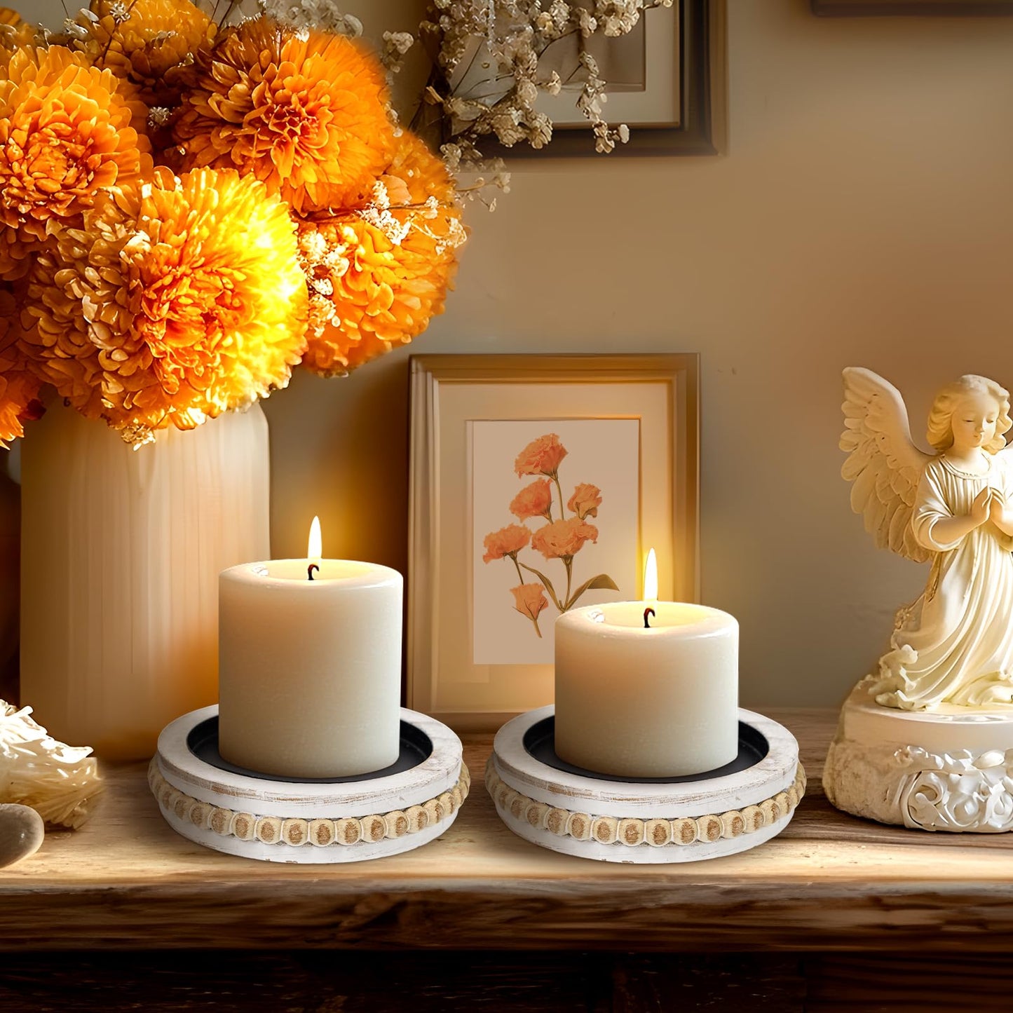 Candle Pedestal for Pillar Candle Set of 2, Rustic Round Beaded Risers Wood Tray, Farmhouse Wood Beaded Trayfor Tiered Tray, Candle, Mug Display Decorative, Table Centerpiece, Antique White