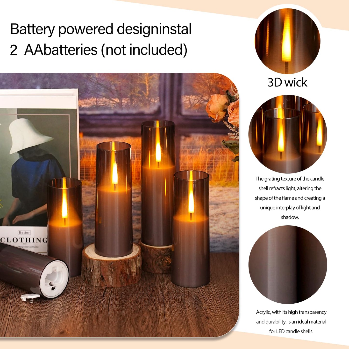 Sasigeiaa Flickering Flameless Candles,Battery Operated, Flameless Candles with Remote, 2/4/6/8 Hour Timer, Realistic Jumping Flame Effect, Perfect for Home Decor, Holiday Decoration Pcs 9 (Grey)