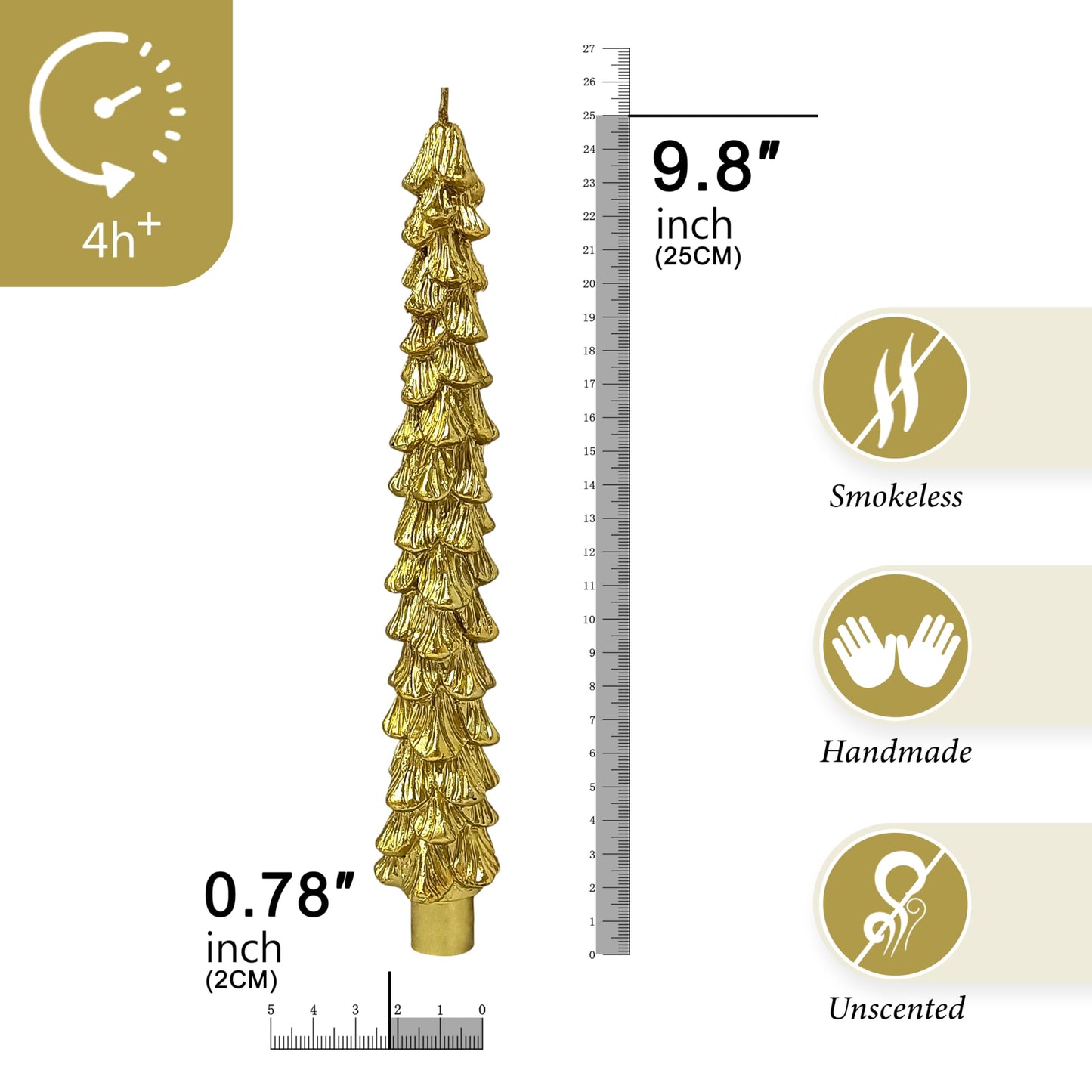 Christmas Tree Shaped Taper Candles, 9.8 Inch Unscented Tree Candle Decorative Christmas Tree Candles Gift for Christmas Festival Celebration Decor, 2PCS, Gold