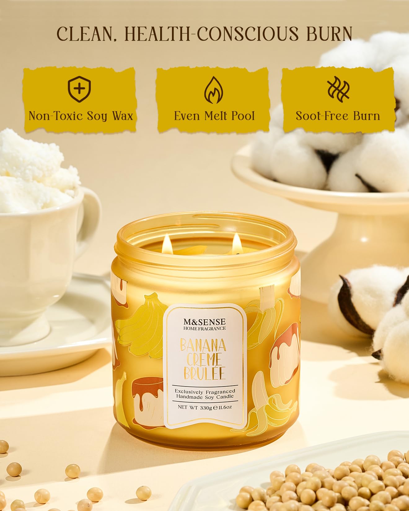 M&SENSE Banana Crème Brûlée Scented Candle, 11.6oz Natural Soy Wax, 70 Hours Long Lasting Clean Burn, Holiday Jar Candle for Home Decor, Non-Toxic Relaxing Aromatherapy Gifts for Women