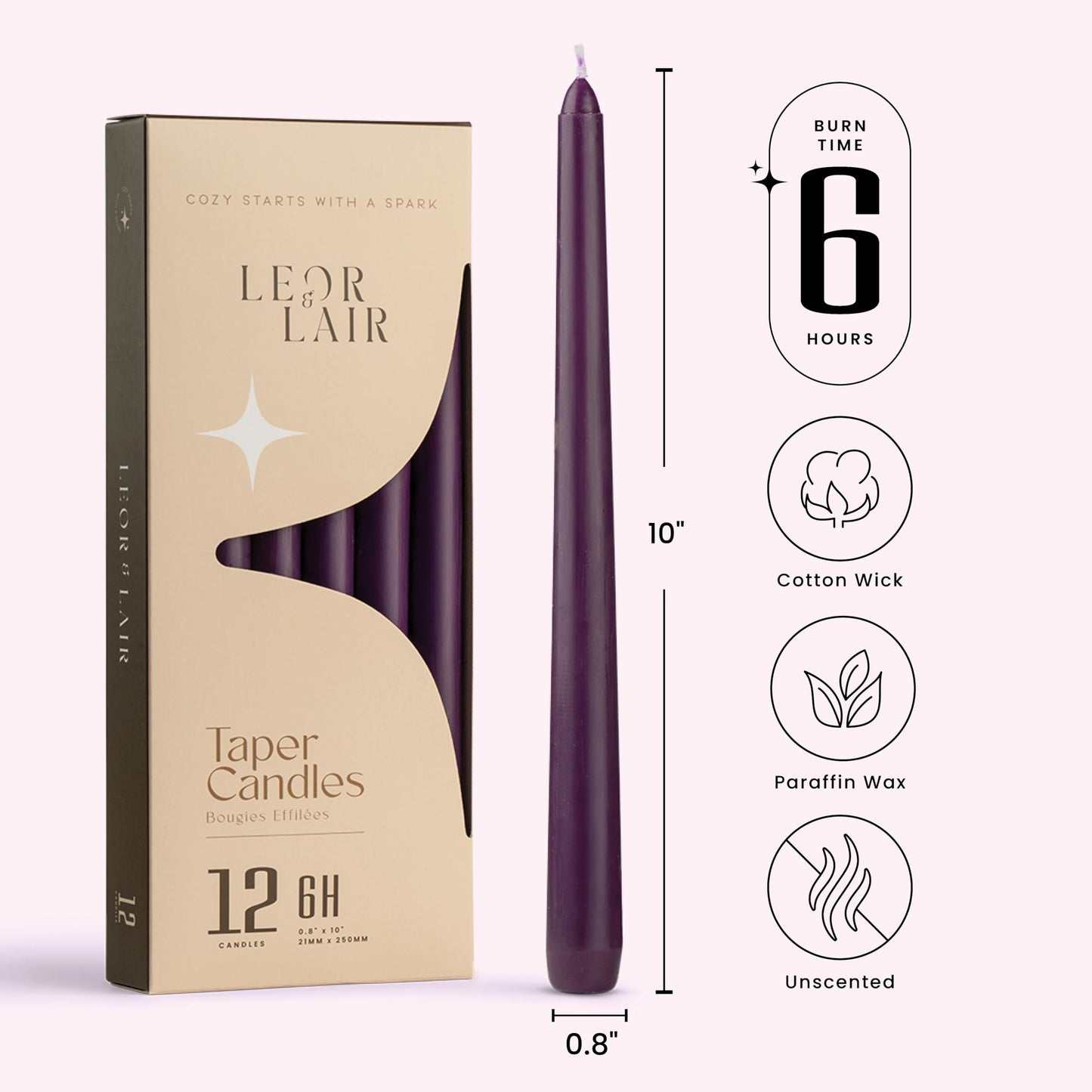 Leor & Lair Purple Taper Candles - 12 Pack 10" Purple Candlesticks - Unscented Long Burning Candle Sticks for Home Decoration, Dinner Table, Holidays, Weddings, Restaurants & Events