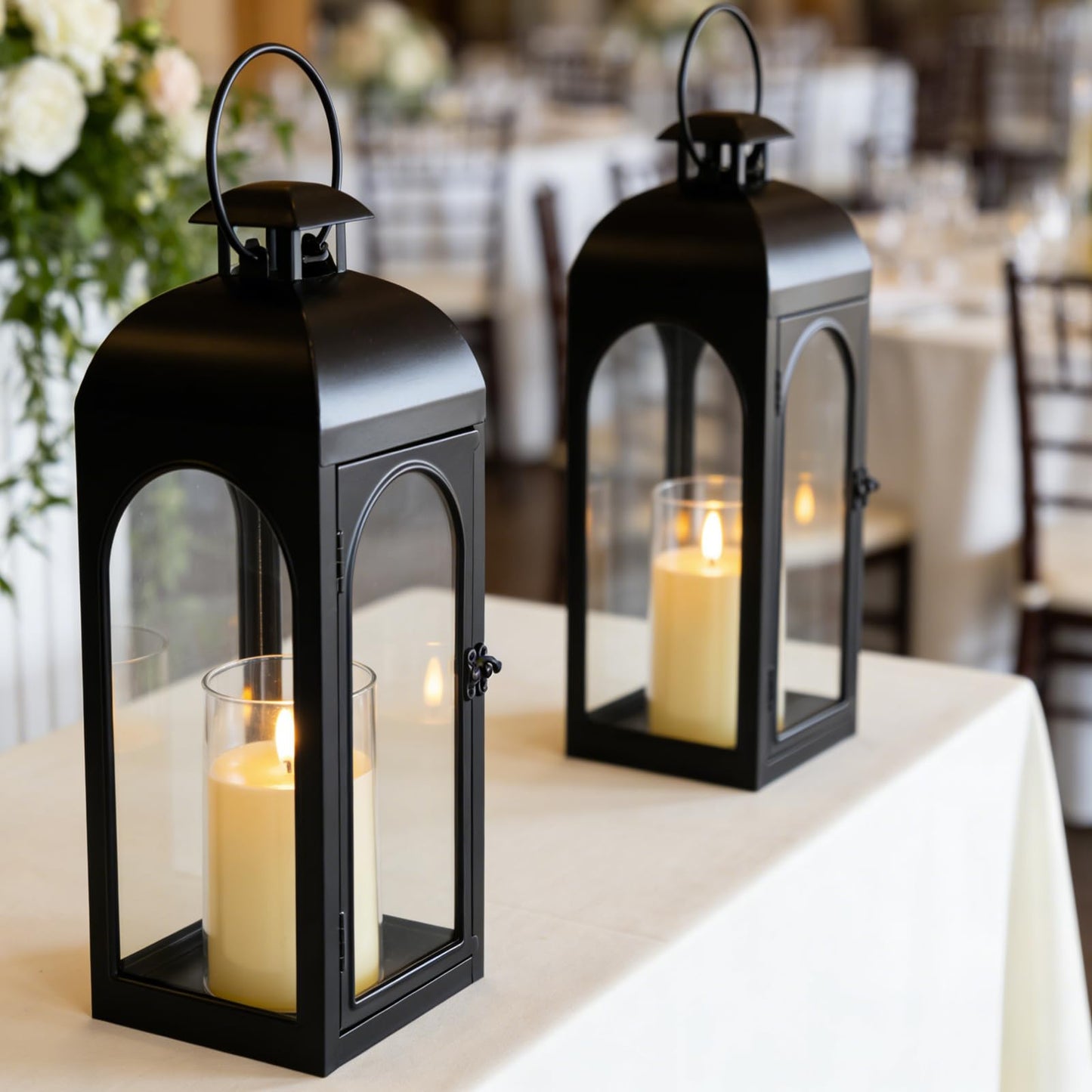 Damsico Lantern Decorative Indoor & Outdoor, 16.5IN Large Hanging Candle Lanterns, Black Metal Decorative Candle Lanterns, Waterproof Hanging Lantern for Porch Patio Wedding Home