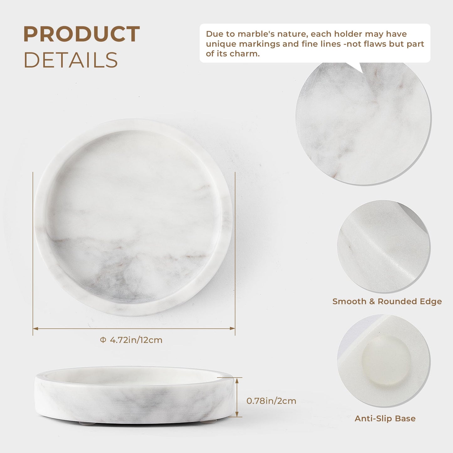 WORHE Candle Holders Italy Premium Natural Marble Candlestick Holder for Jar Pillar Candles Large Round Coaster Plate Jewelry Tray Centerpiece for Wedding Dining Table Home Decor White (ZT011)