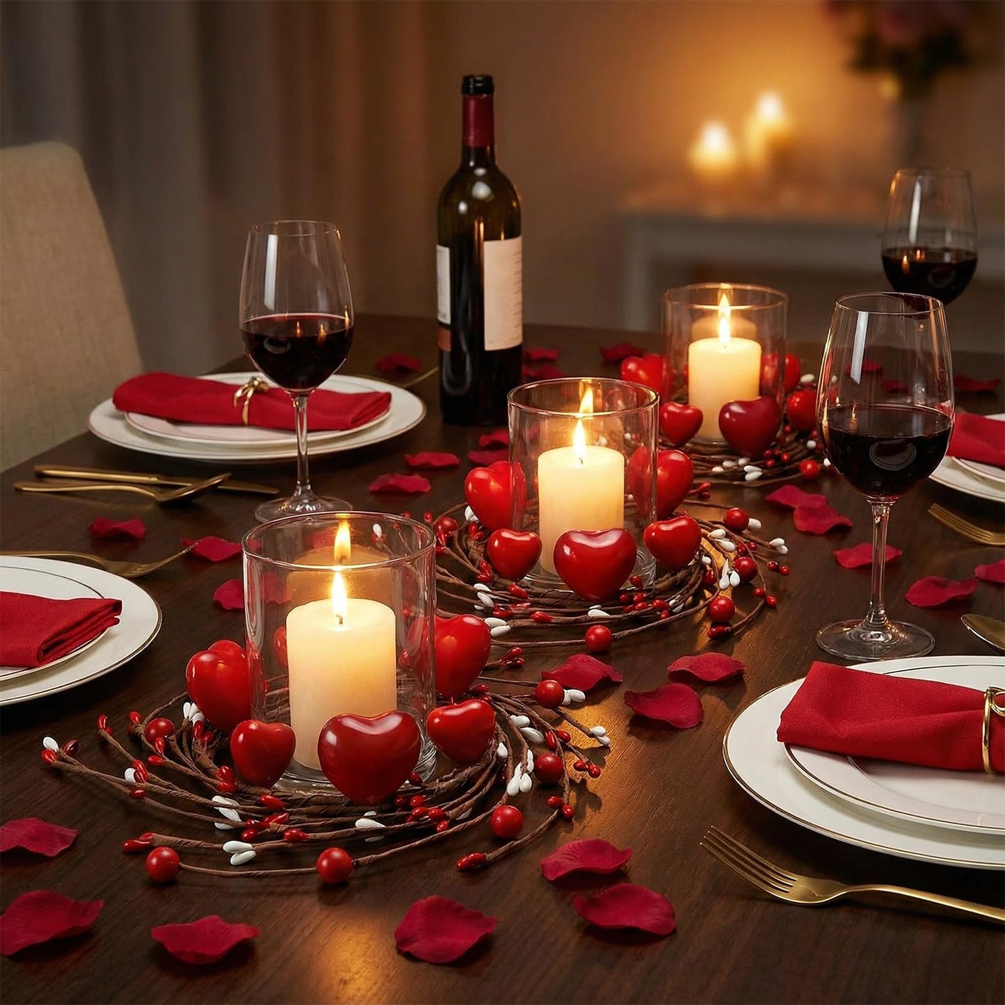 4 Pcs Valentine Candle Rings, Wreaths Red Heart and Berry Candle Holder Rings, Inner Diameter 3.2 Inch Candlestick Decoration for Valentine's Day Wedding Table Centerpieces