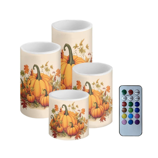 NETILGEN Fall Harvest Pumpkins Flameless Flickering Candles with Remote, Timer Battery Operated LED Pillar Candles Set of 4 Thanksgiving Day Decor