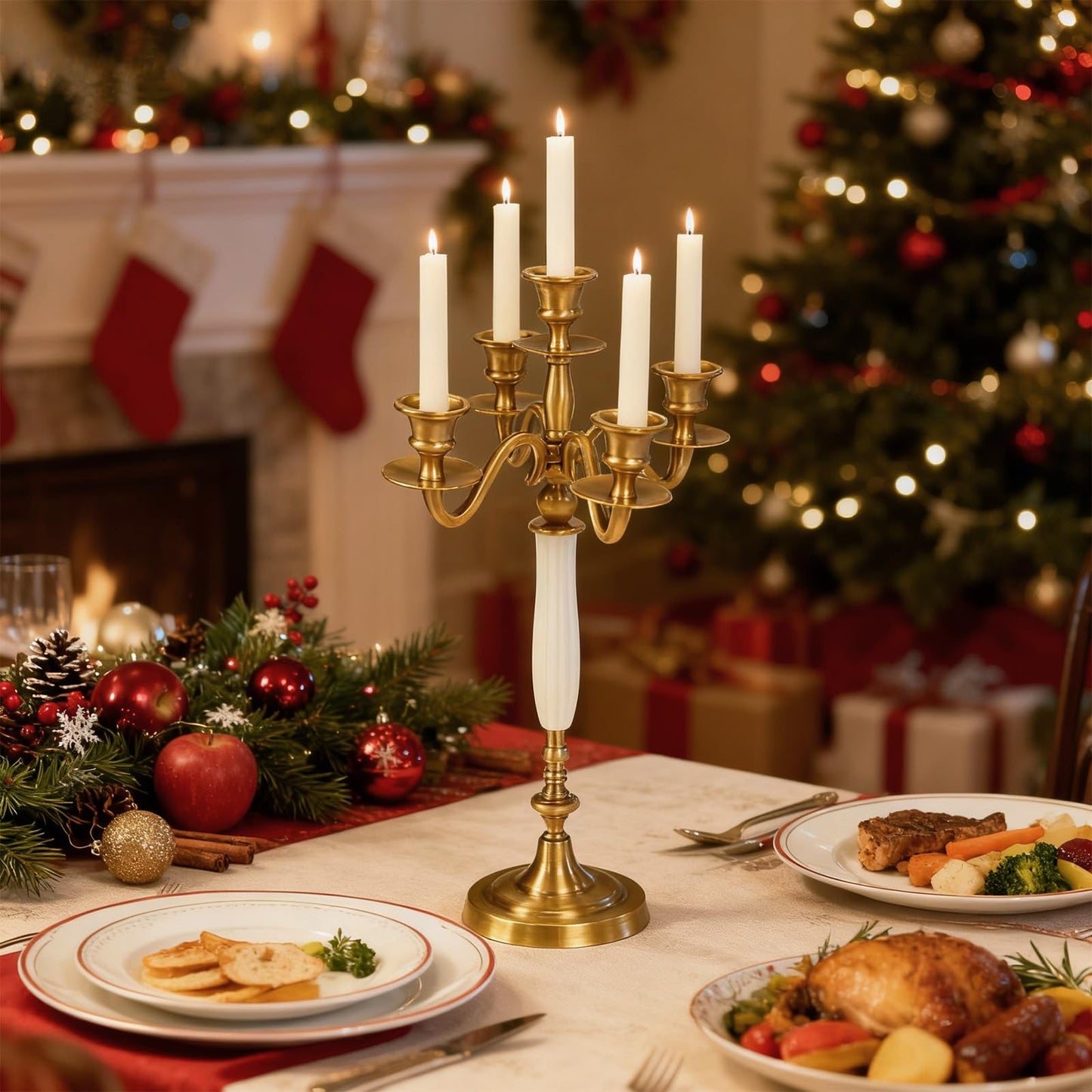 5 Arms Brass Plated Metal Candelabra Candle Stand Candlestick Holder for Wedding Dining Table Christmas Party and Indoor Home Decoration