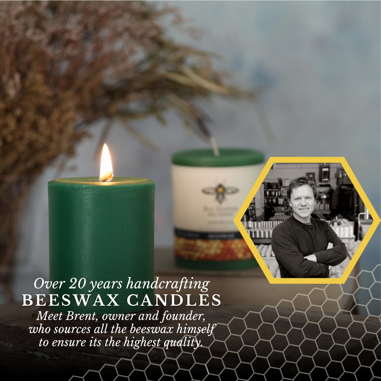 Big Dipper Wax Works Moss Green Pillar Candle, 60-Hour Long Burn, Pure Beeswax Candle, 3" x 3.5”