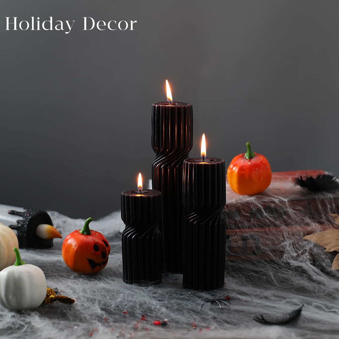 LETINE Black Sandalwood Pillar Candles Set of 3 - Decorative Ribbed Soy Wax Spiral Spire Candles for Home Decor, Bulk Scented Candles for Entryway Table, Living Room& Coffee Table Decor