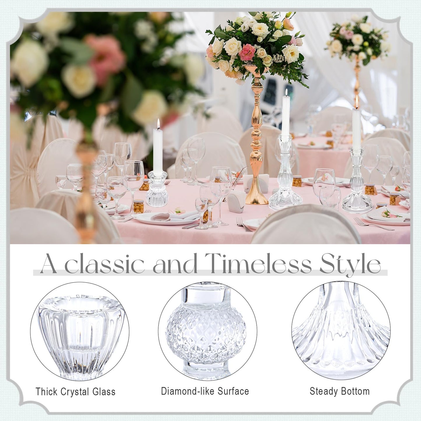 Mumufy 18 Pcs Glass Crystal Taper Candle Holders Clear Glass Candlestick Holder Fit 0.8 Inch Candles Crystal Decorative Candlestick Stand Centerpiece for Table Wedding Dining Party
