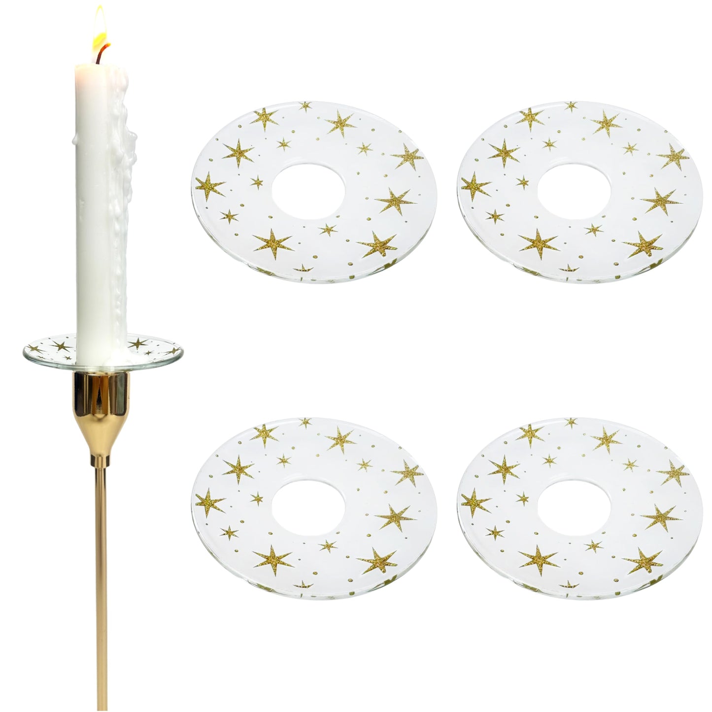 VGEUNA 4 Pieces Patterned Glass Bobeches for Candlestick Holder, Gold Glitter Stars Design, Candle Drip Protector Guard, Wax Catcher Ring Accessories (Gold Glitter)