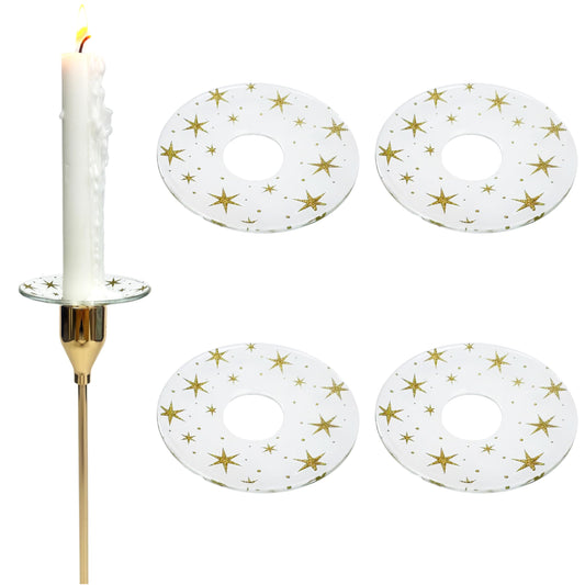 VGEUNA 4 Pieces Patterned Glass Bobeches for Candlestick Holder, Gold Glitter Stars Design, Candle Drip Protector Guard, Wax Catcher Ring Accessories (Gold Glitter)
