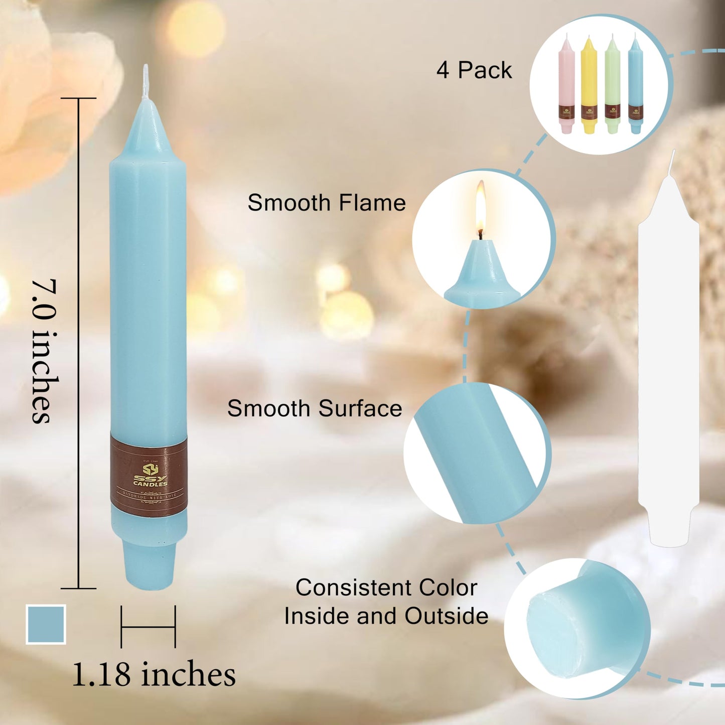 Pastel Short Taper Candle 7 Inch Candlesticks Unscented Dripless Tapered Candle Set for Home Decor Wedding Party Dinner Candles, 4 Pack