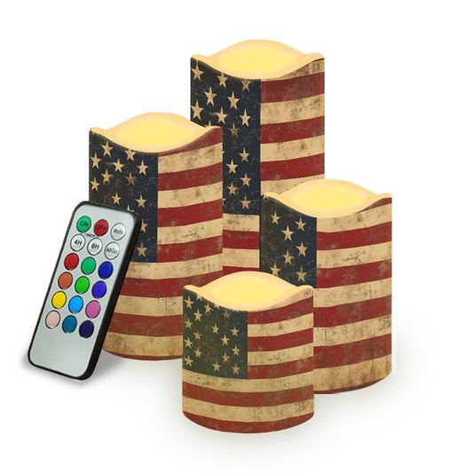 Uorisanigo Retro American Flag Plastic Flameless Candles with Remote Control and Timer LED Flickering Battery Operated Color Changing Electric Pillar Candles Decoration