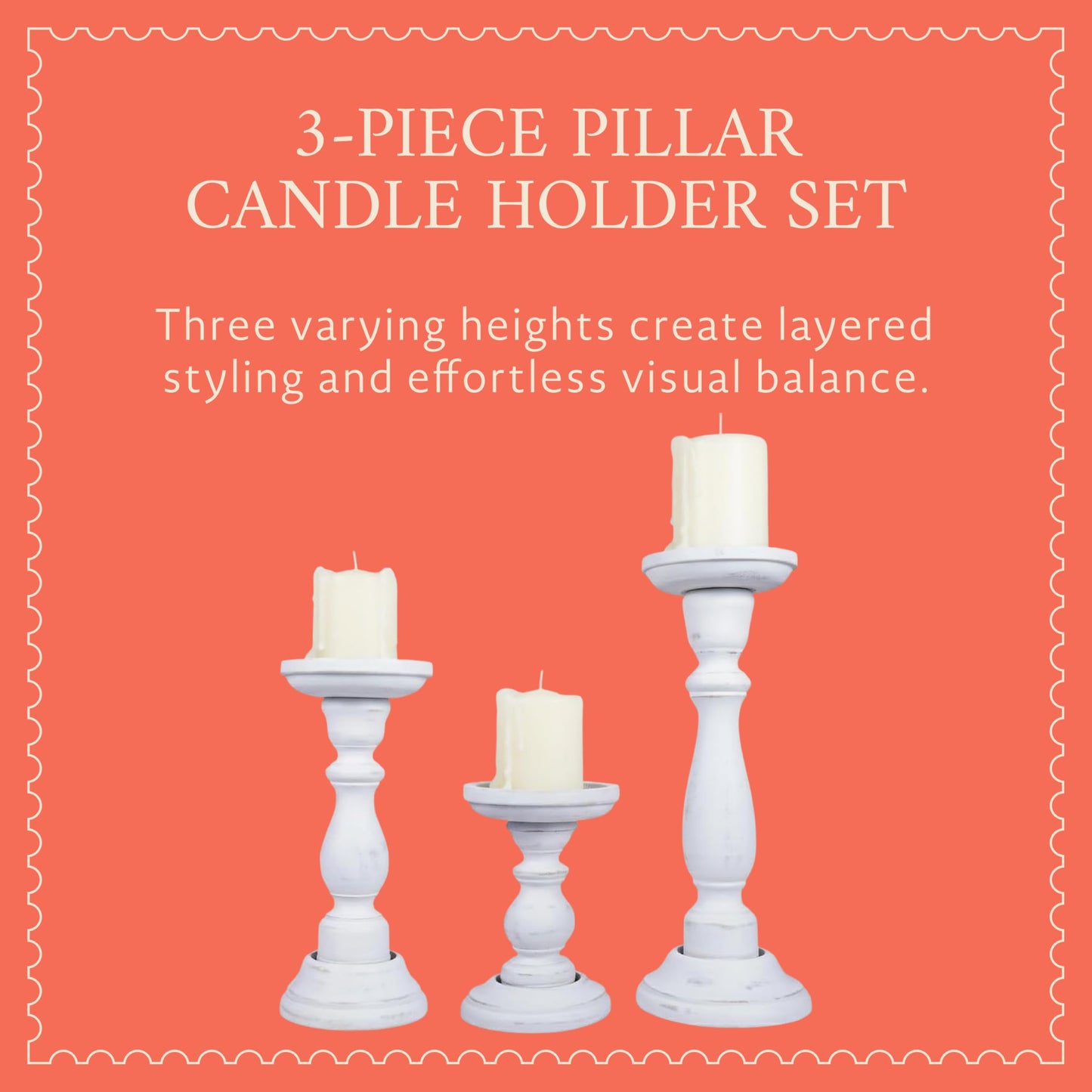 Mela Artisans 6”, 9” & 12” Mango Wood Pillar Candle Holder Set of 3 – Tuli Design Shabby Matte White – Wooden Candle Holders for Table, Mantel & Living Room Décor