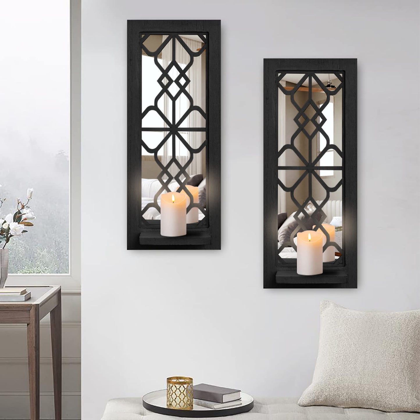ZEXUIRU 2 Set Rustic Candle Sconces Living Room Bedroom Entryway Wood Mirrored, Farmhouse, Carved Frame Wall-Mount Wooden Candle Holders Wall Decor Hanging Handmade Holder - Black