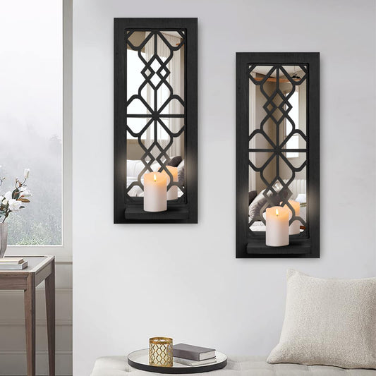 ZEXUIRU 2 Set Rustic Candle Sconces Living Room Bedroom Entryway Wood Mirrored, Farmhouse, Carved Frame Wall-Mount Wooden Candle Holders Wall Decor Hanging Handmade Holder - Black