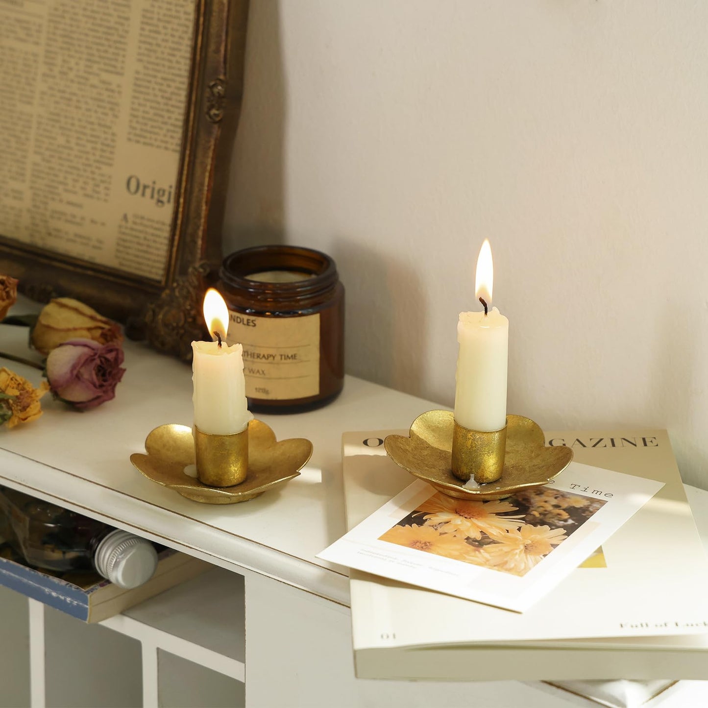 NIKKY HOME Gold Flower Taper Candle Holders Set of 2, Vintage Candle Stand