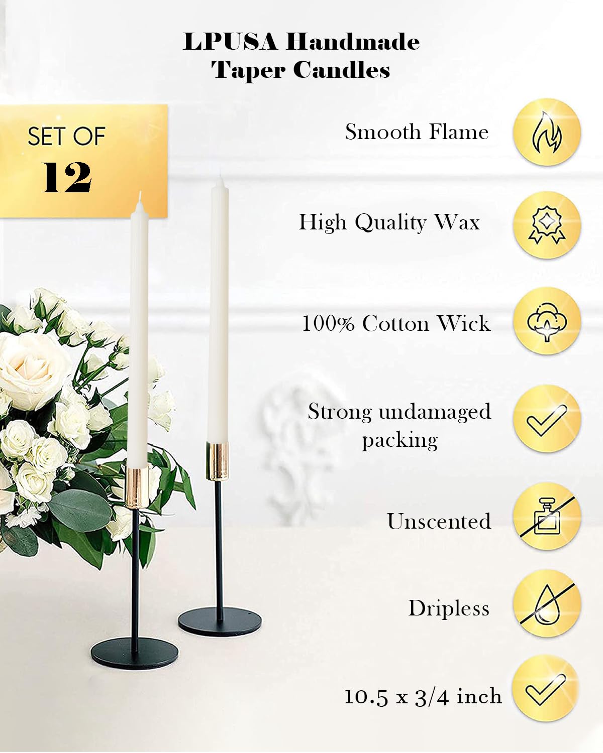 LPUSA Sahara Beige Taper Candles Ribbed Dripless Tapered Candles Ideal as Dinner Candle Smokeless and Unscented Candle Sticks Long Burning,10.5 inch,Set of 12