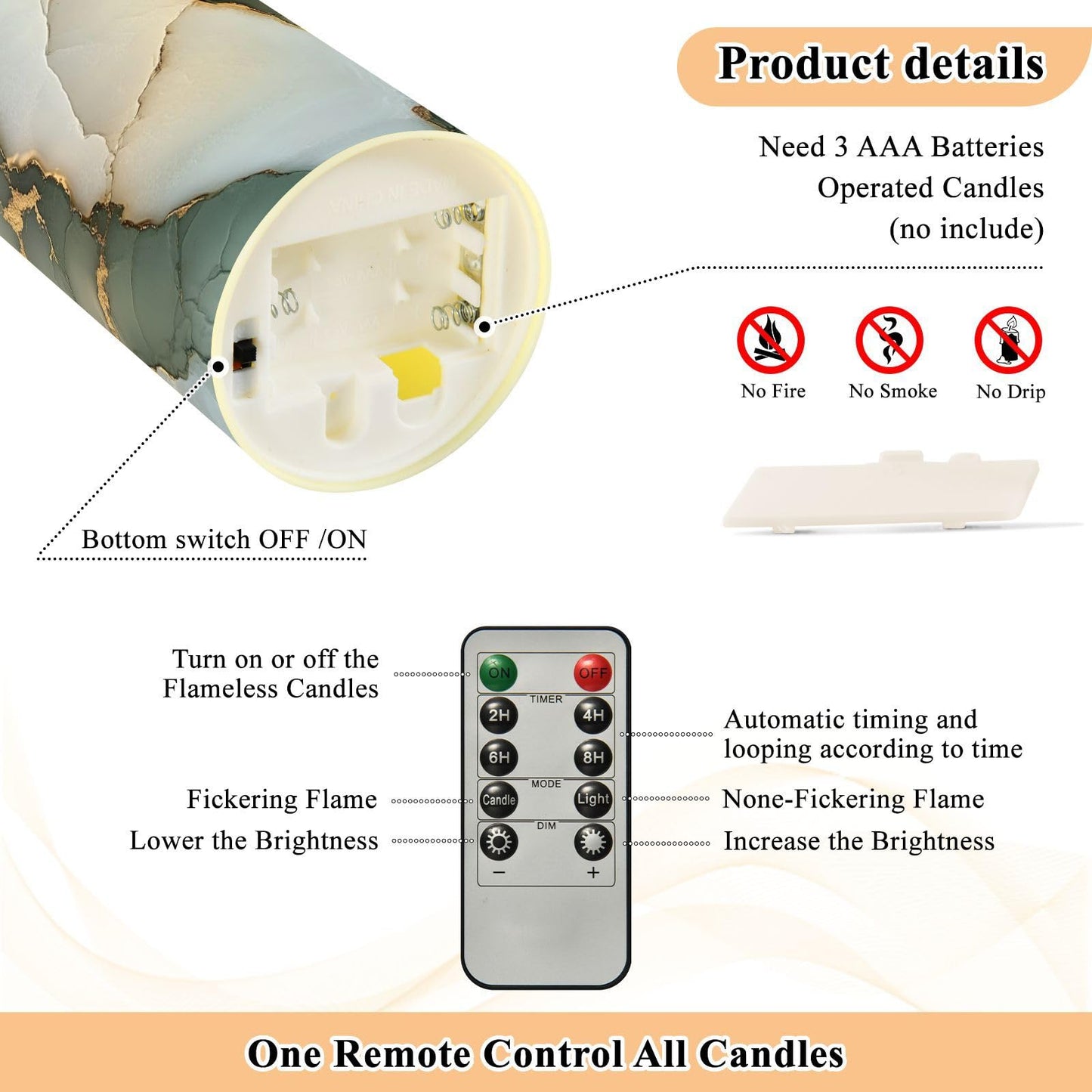 famyily Waterproof Outdoor LED Candles with Timer 2/4/6/8H Reusable Battery Operated Fake Candles for New Year’s Eve Party 5.9x3in - Marble Sage Green White