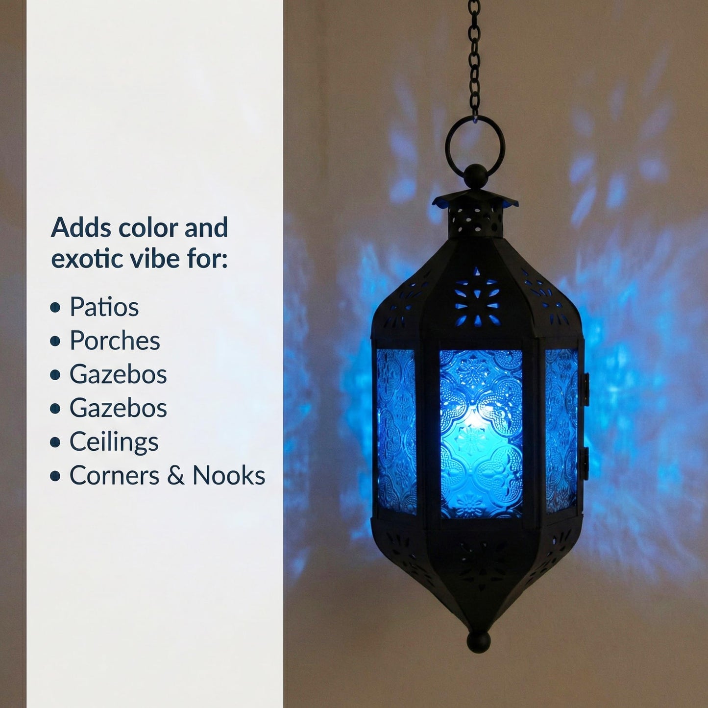 Vela Lanterns Hanging Moroccan Lamp - Exotic Decorative Patio & Porch Decor, Indoor Outdoor Tea Light Candle Lantern Holder with Chain (11" Medium, Blue Glass, 3-Pack)