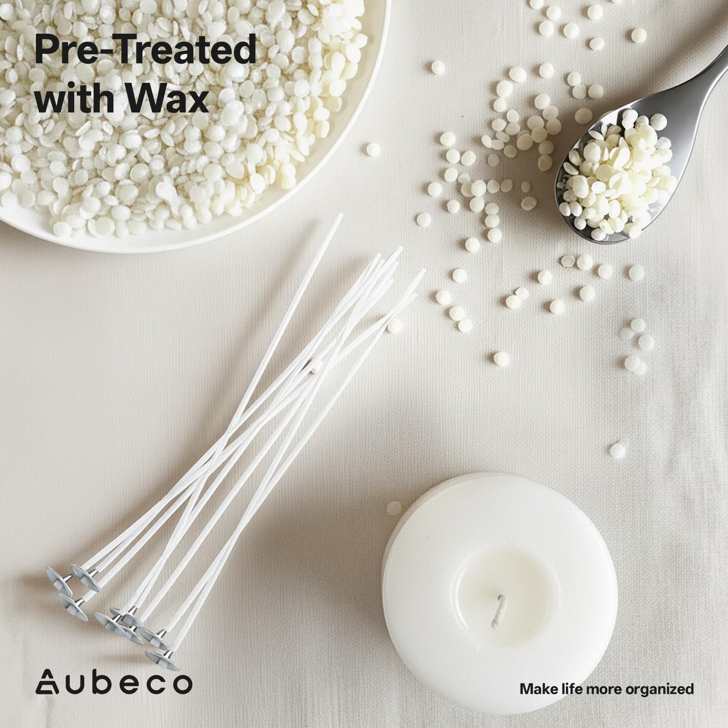 Aubeco 240Pcs 6 Inch Pre Waxed Candle Wick with 240Pcs Wick Stickers and 10Pcs Candle Wick Holders, Bulk Cotton Candle Wicks for Candle Making, Soy Wax