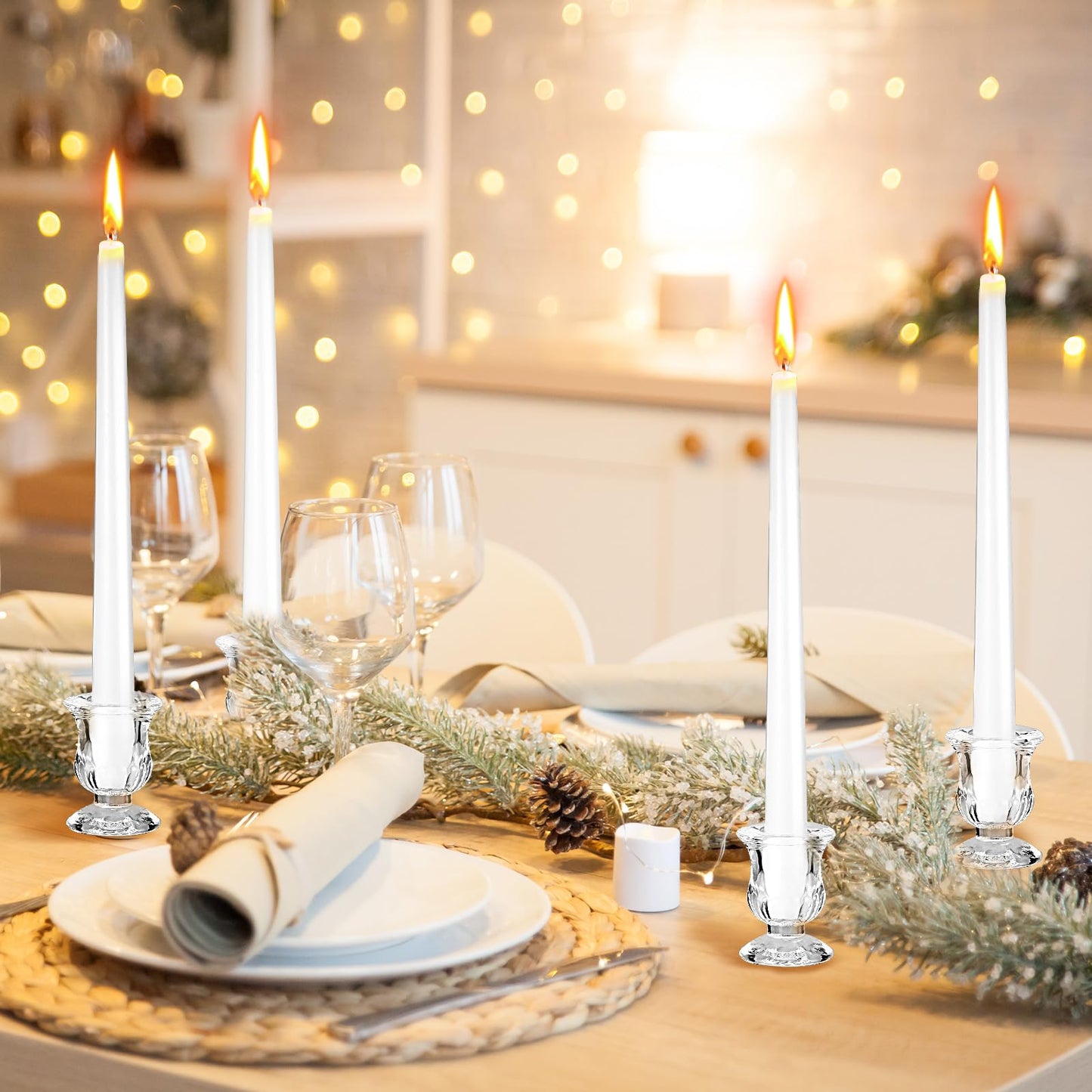 48 Pcs Taper Candlestick Holder Clear Glass Candle Holder with 10 Inch White Candles 8 Hours Burn Time Smokeless Candles for Wedding Table Centerpiece Party Decorations