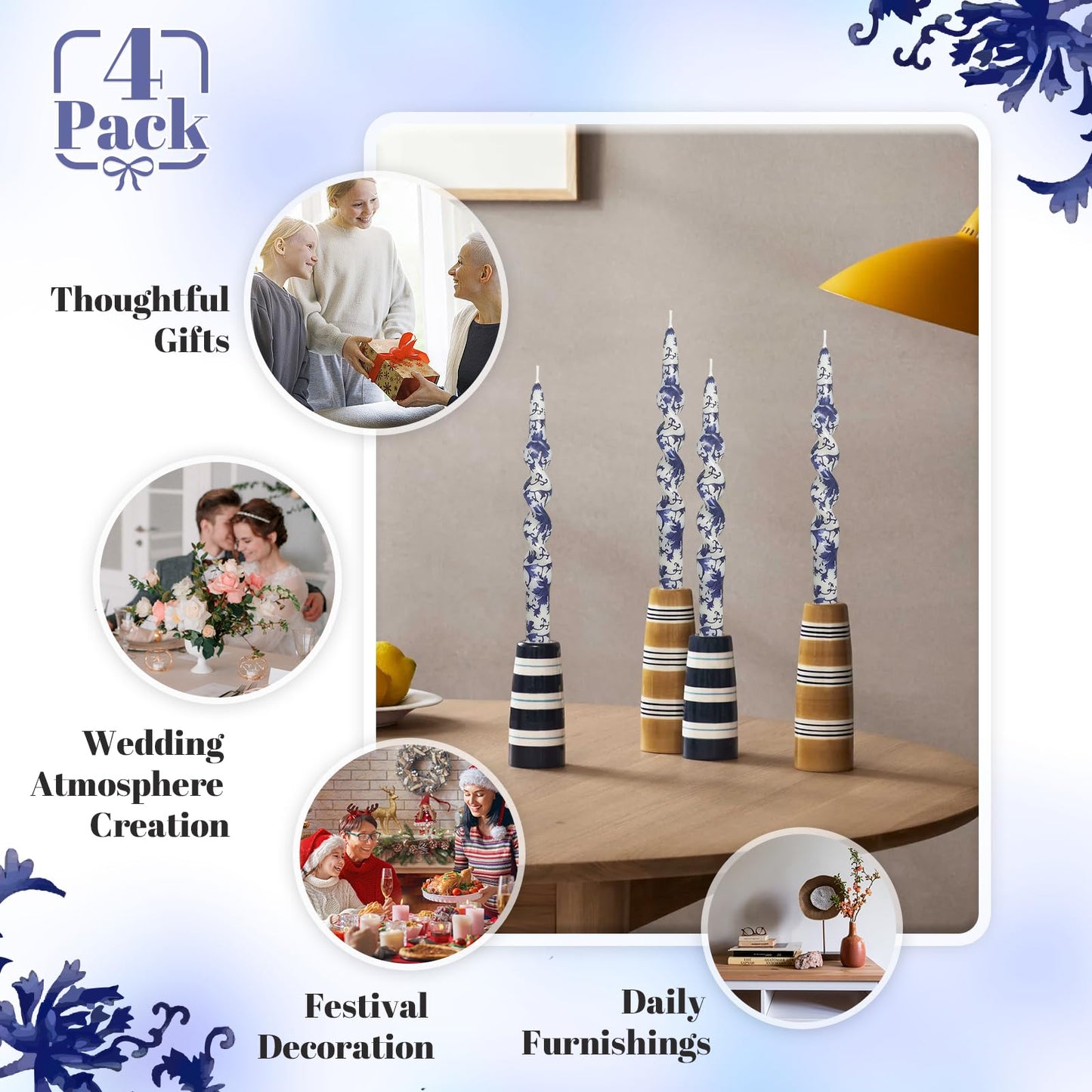 Unscented Floral Taper Candle Spiral Candlesticks Blue and White Printed Twisted Candle Handmade 10 Inch Long Candle Sticks for Home Dinner Gifts,4Pcs
