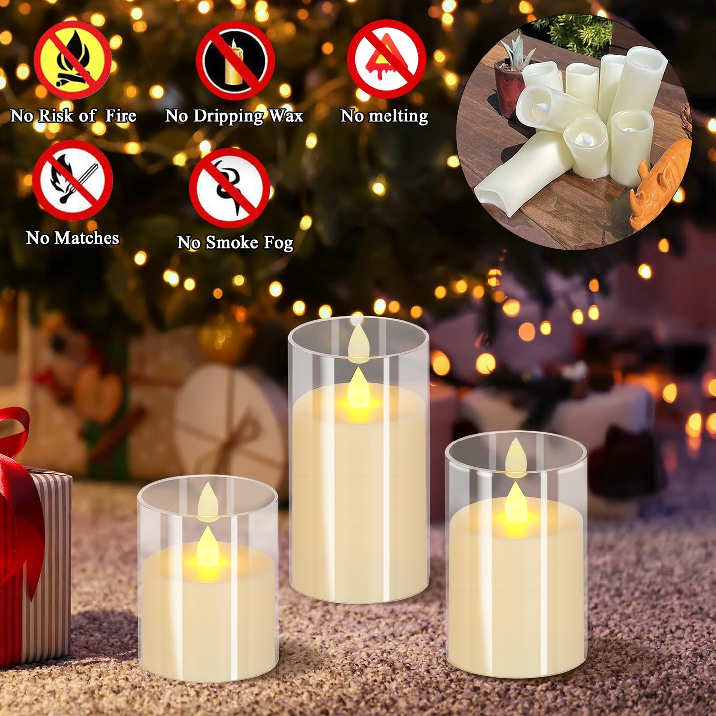wemarry Flameless Candles 4" 5" 6" Acrylic Glass Pillars 3" Diameter Battery Operated Flickering Candles Include 8-Key Remote with Timer Function 400+ Hours (Pure White, Warm Light 3 Pack)