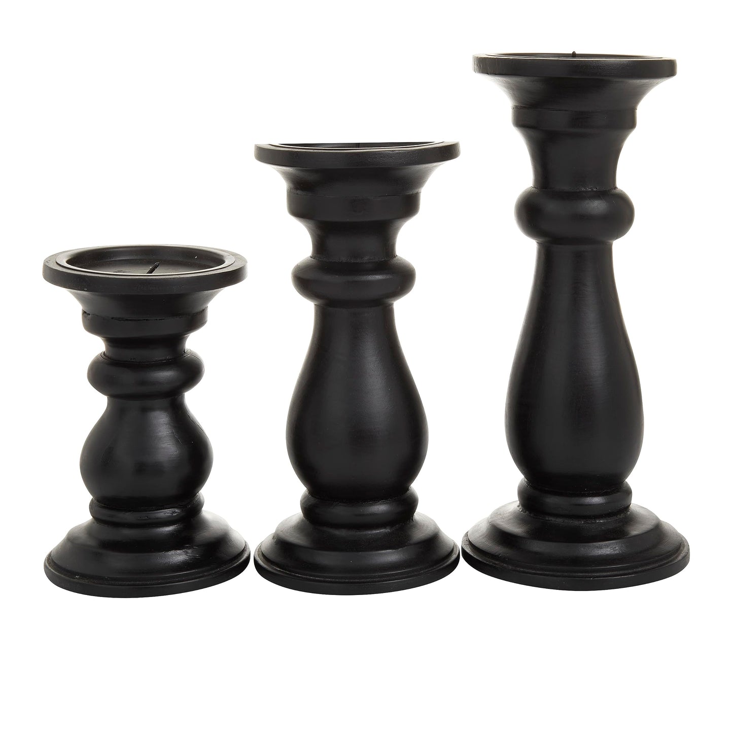 Deco 79 Mango Wood Decorative Candle Holder Turned Style Pillar Candle Stand, Set of 3 Candlestick Holder 10", 8", 6"H, Black
