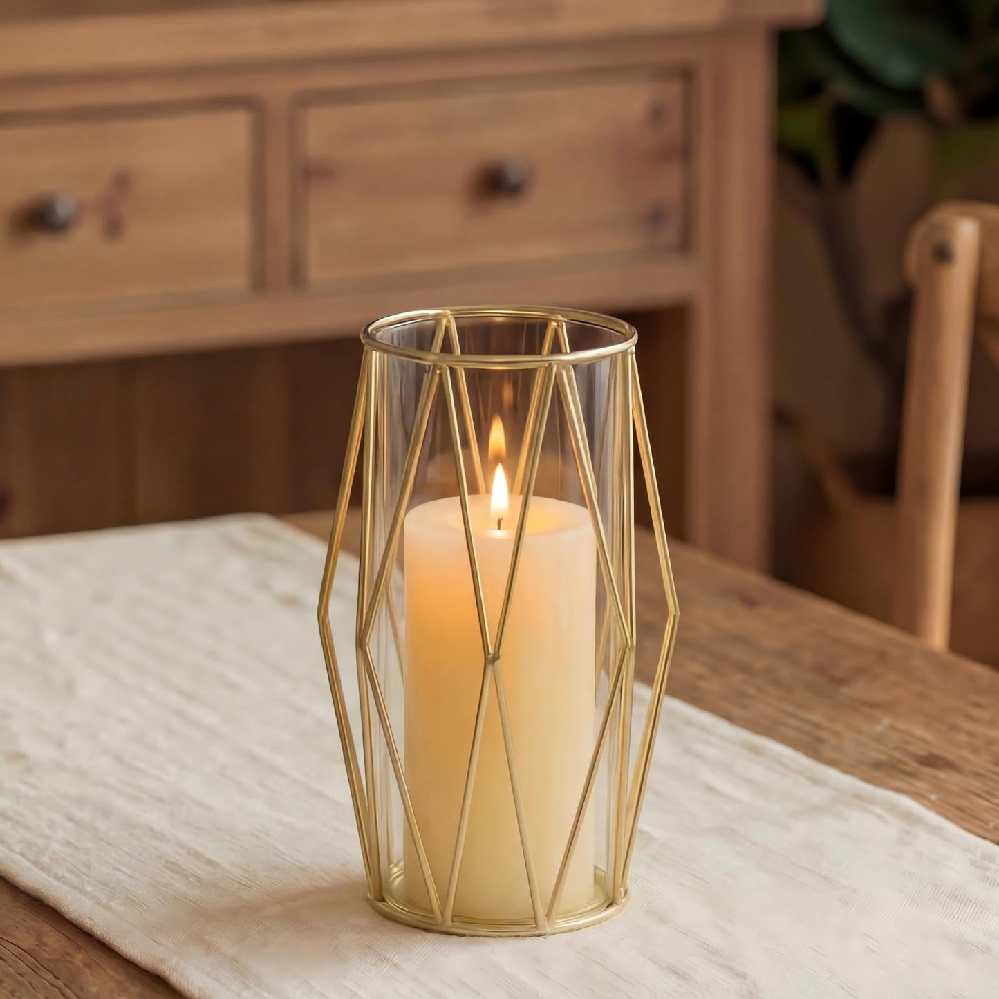 Nuptio Gold Pillar Candle Holder: Glass Hurricane Candles Holders with Geometric Metal Rack Stand for Wedding Birthday Party Centerpieces - Decorative Flower Vase for Office Living Room