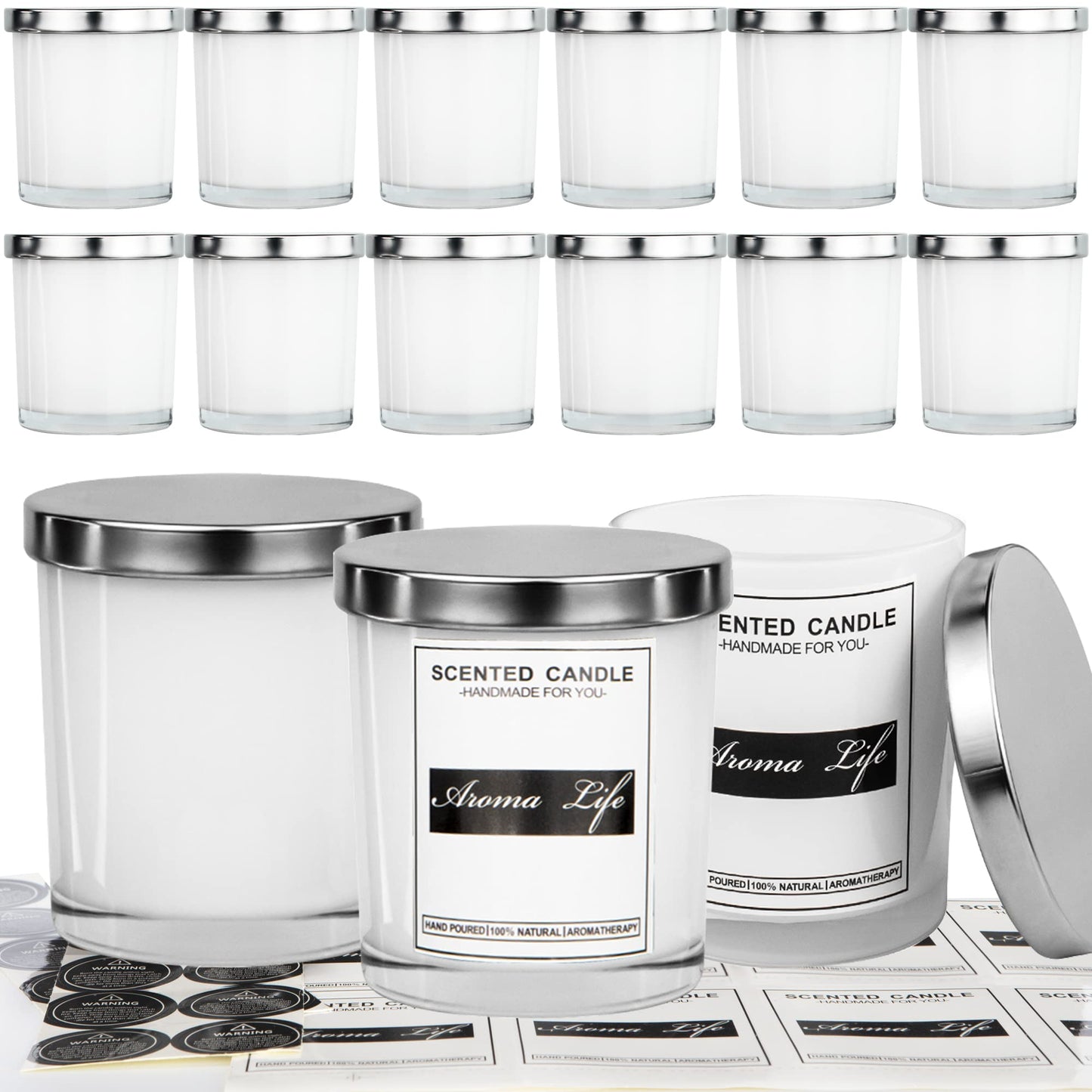 Creahaus 10oz, 16 Pack Thick Candle Jars with Metal Lids for Making Candles, Bulk Inner White Empty Glass Candle Containers & Sticky Labels, Warming Labels Kit, Heat Resistant Candle Vessels