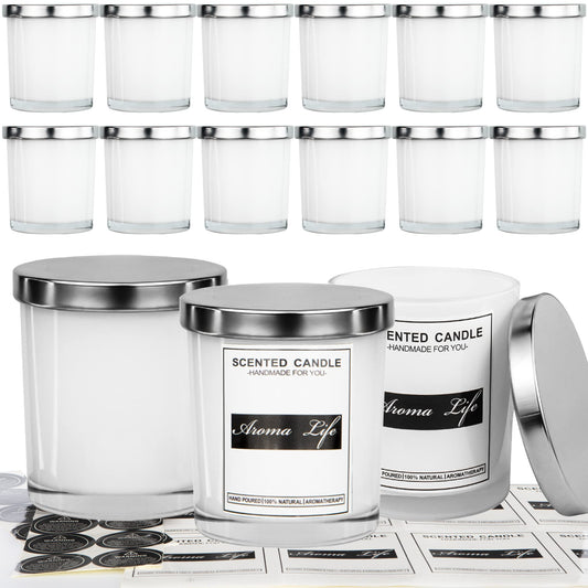 Creahaus 10oz, 16 Pack Thick Candle Jars with Metal Lids for Making Candles, Bulk Inner White Empty Glass Candle Containers & Sticky Labels, Warming Labels Kit, Heat Resistant Candle Vessels