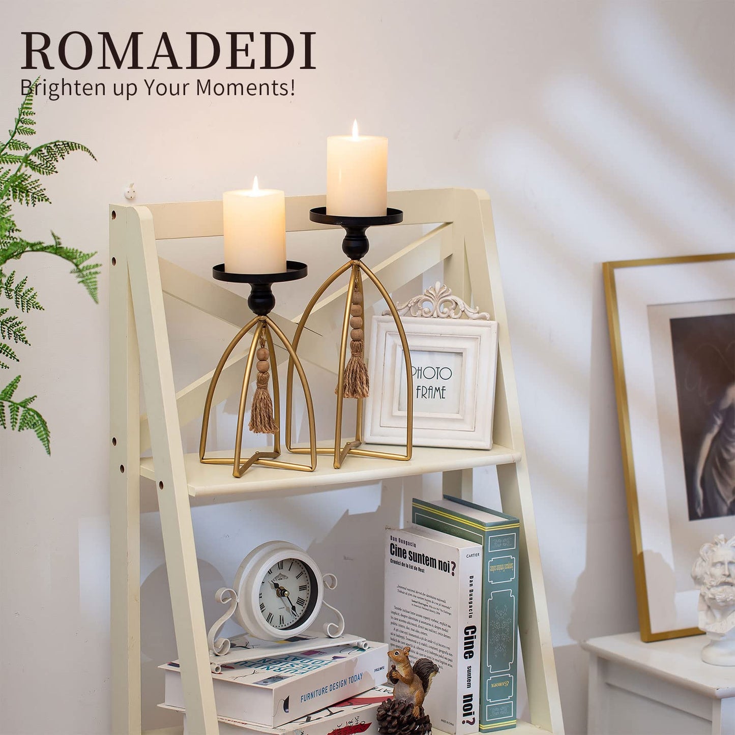 Romadedi Candle Holder Boho Decor - Set of 2 Metal Pillar Candle Stand with Beads for Living Room Mantle Shelf Farmhouse Table Centerpiece for Rustic Chic Home Decoration
